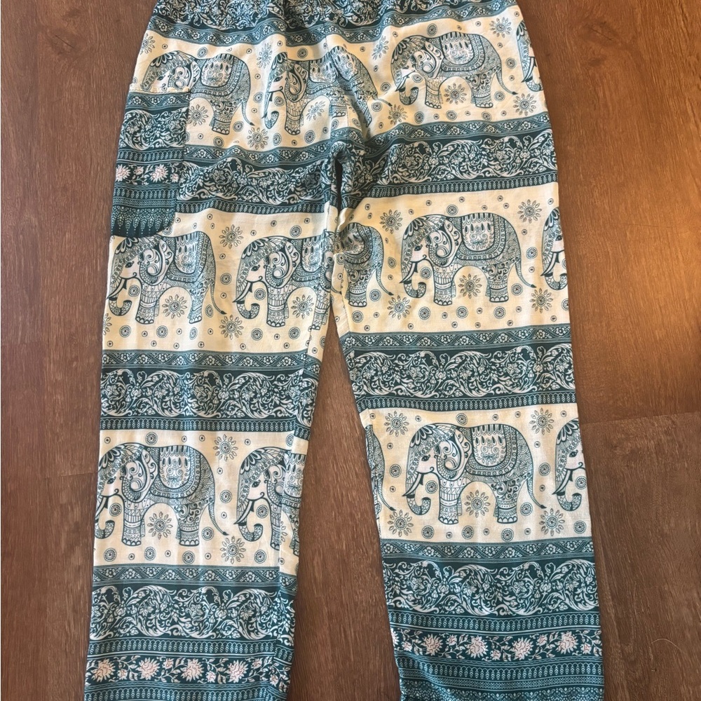 Elephant Patterned Teal and White Women's Wide Leg Pants